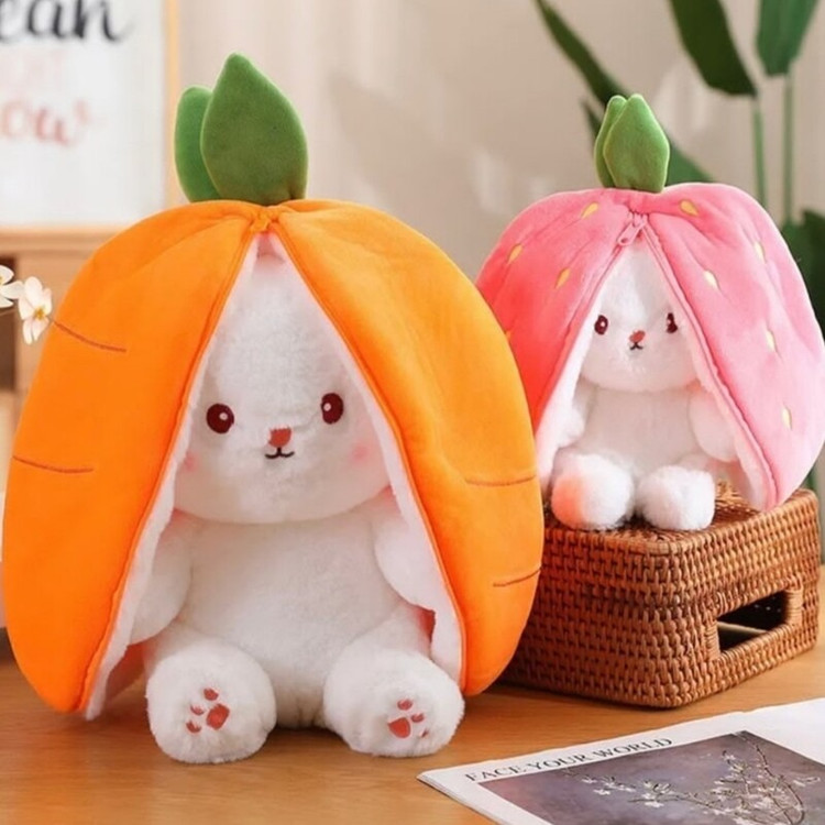 عروسک خرگوش سورپرایزی مخملی ۲۵ سانتی (طرح توتفرنگی) - نارنجی